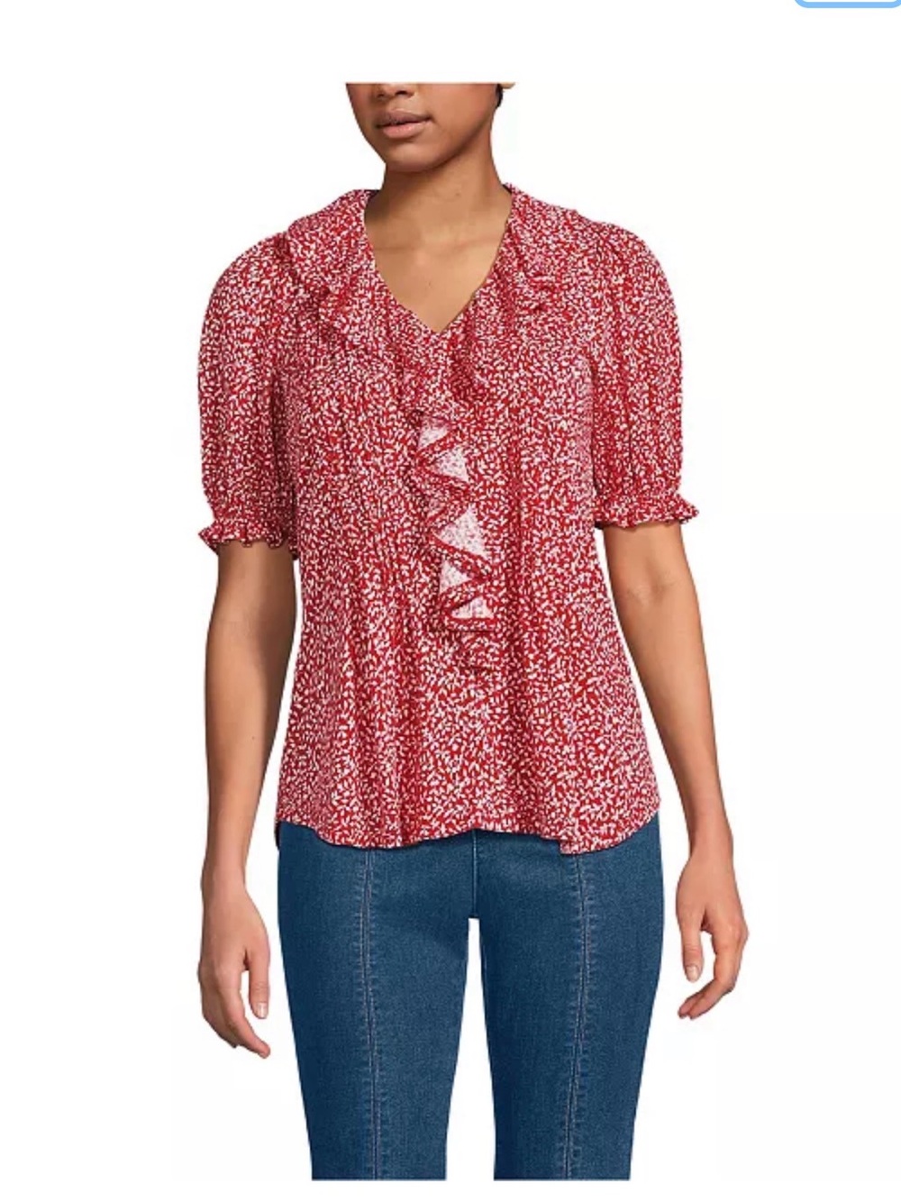 Lands' End Pink-Red Floral Ruffle V-Neck Blouse